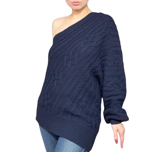 Navy Cable Knit One Shoulder Orella Sweater by JOIE size Large - Picture 2 of 4